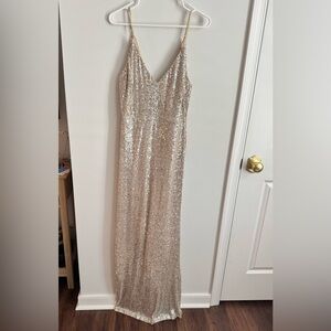 Lulus Champagne Sequin Maxi Dress | Formal Prom Holiday NYE Wedding Guest Size L